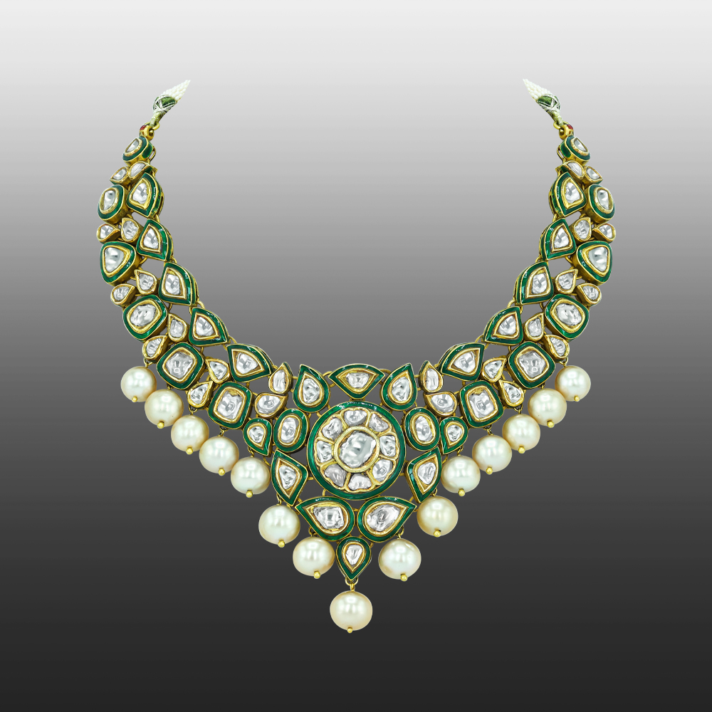 Polki Necklace with Green Enamel and Southsea Pearls